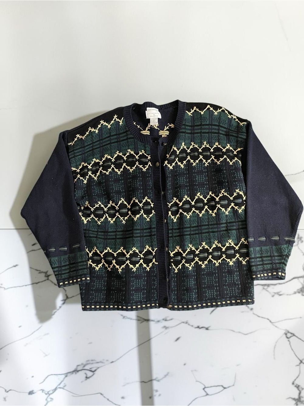 Vintage Christopher & Banks L Plaid Embroidered Cardigan Ramie Cotton Gold - Picture 7 of 7